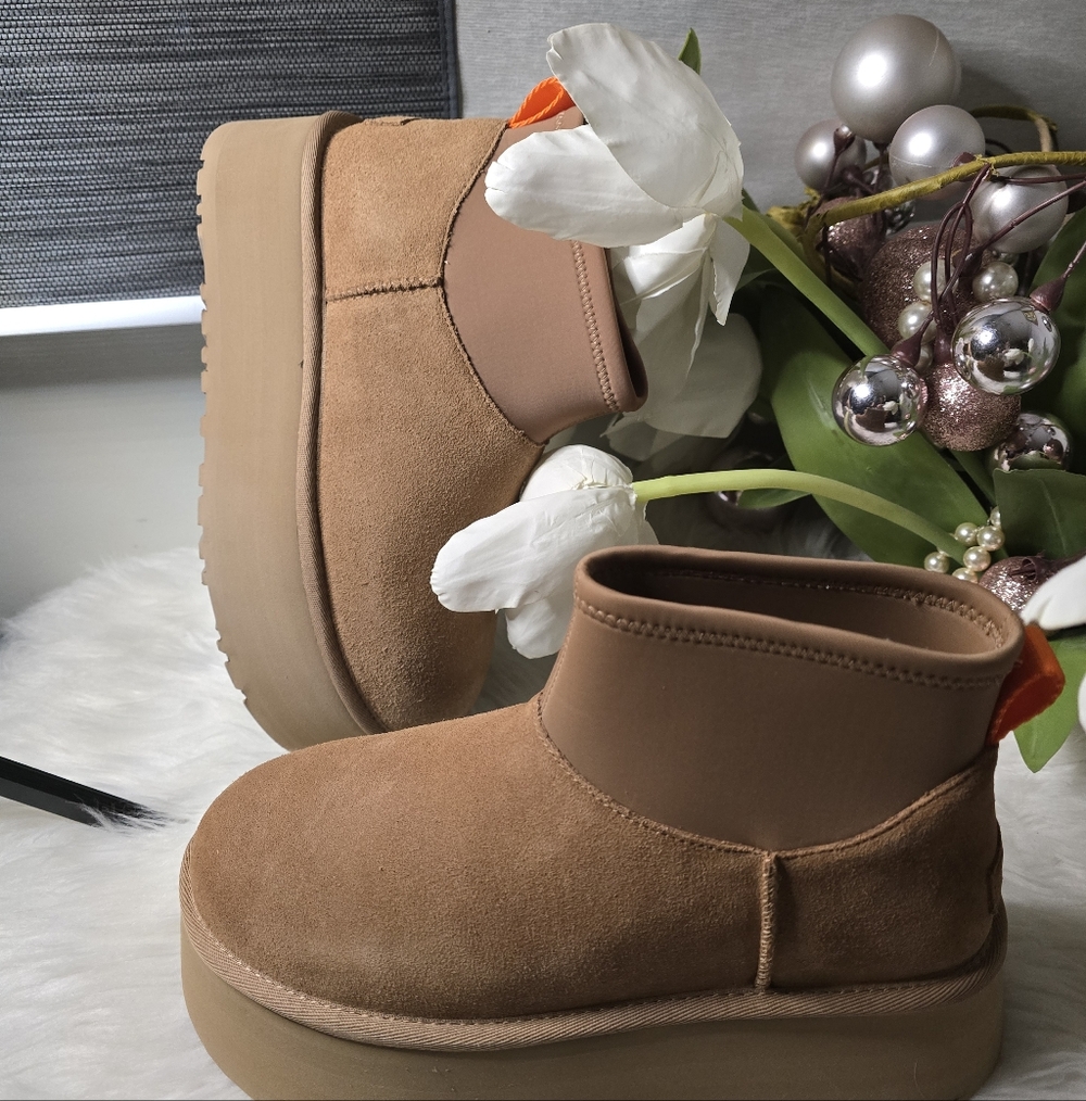 UGG CLASSIC MINI DIPPER PLATFORM CHESTNUT SUEDE WOMEN'S BOOTS Color:Chestnut New